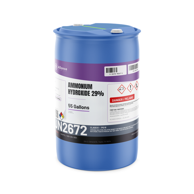 Ammonium Hydroxide 29% Technical Grade in a blue 55-gallon plastic drum from Alliance Chemical