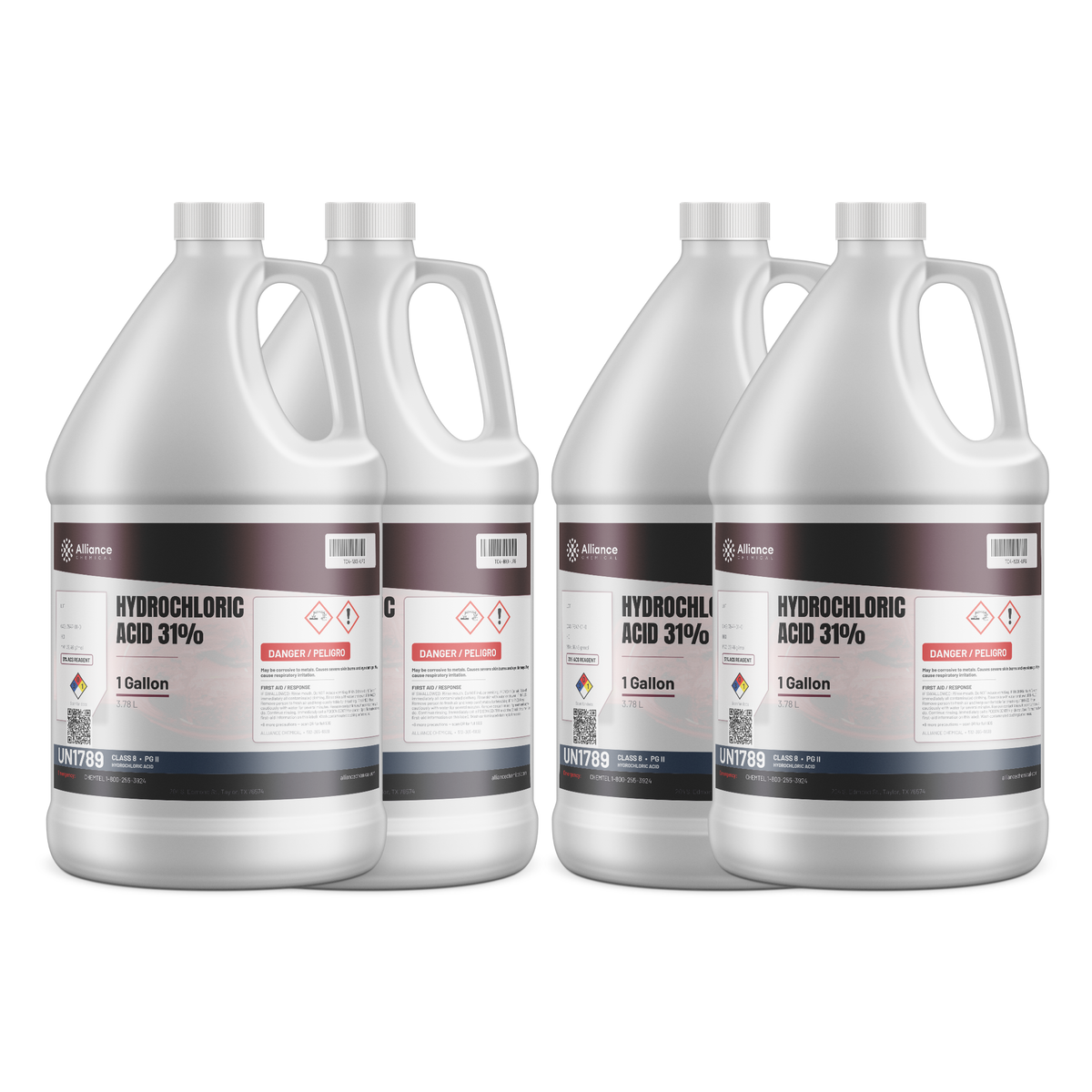 Hydrochloric Acid 31% ACS Grade in four 1-gallon plastic jugs from Alliance Chemical