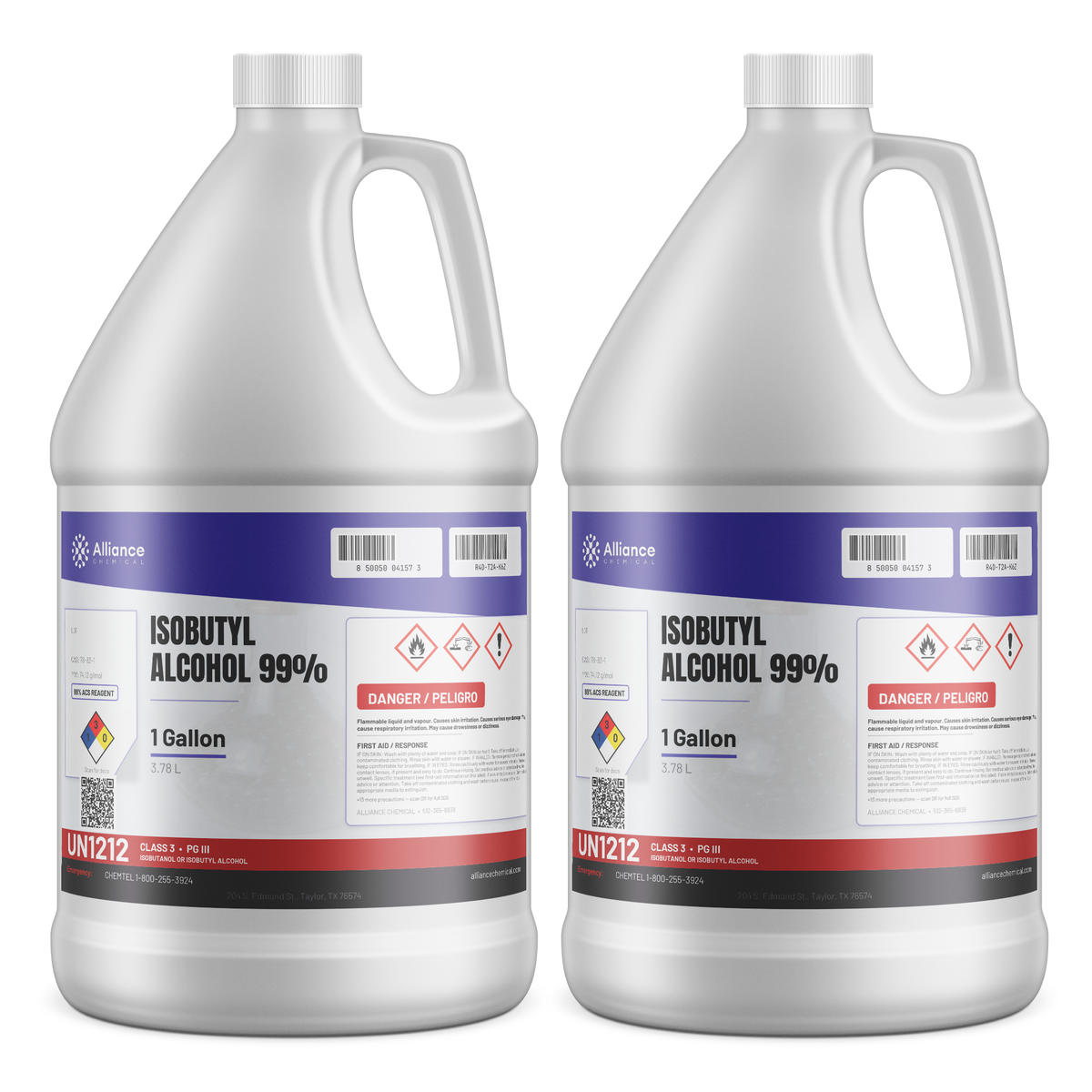 Isobutyl Alcohol 99% ACS Grade in two 1-gallon plastic jugs from Alliance Chemical for industrial coatings and synthesis