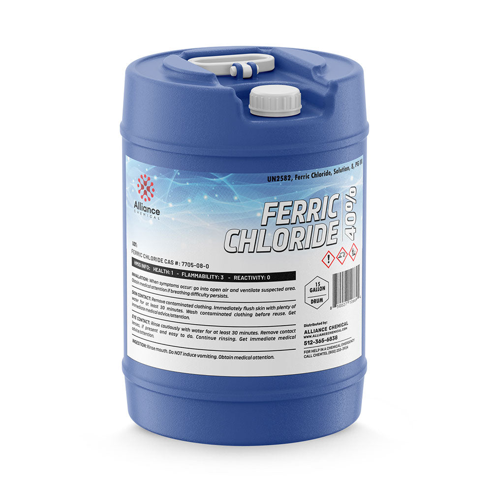 15-gallon blue HDPE drum of Ferric Chloride 40% solution with UN2582 classification, hazard warnings, and Alliance Chemical safety labeling.