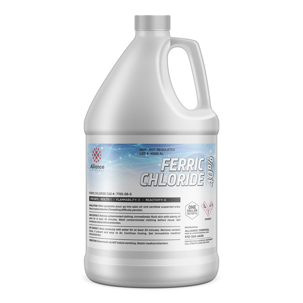 1-gallon HDPE container of Ferric Chloride 40% solution by Alliance Chemical, featuring HMIS safety ratings and hazard warning symbols on white label.