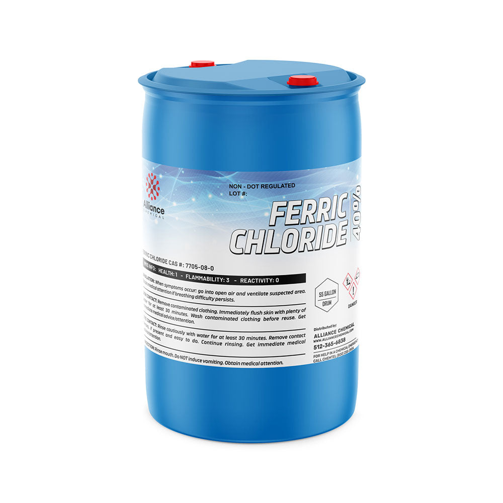 55-gallon blue HDPE drum of Ferric Chloride 40% solution with hazard warning labels, red caps, and non-DOT regulated markings.