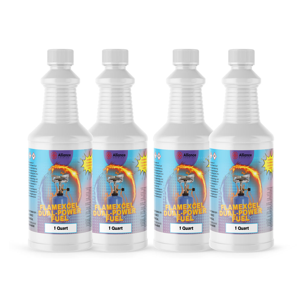 4x1-quart Flamexcel Dual-Power Fuel in white HDPE bottles with ribbed design, blue labels featuring flame graphics and hazard symbols - industrial chemical fuel.