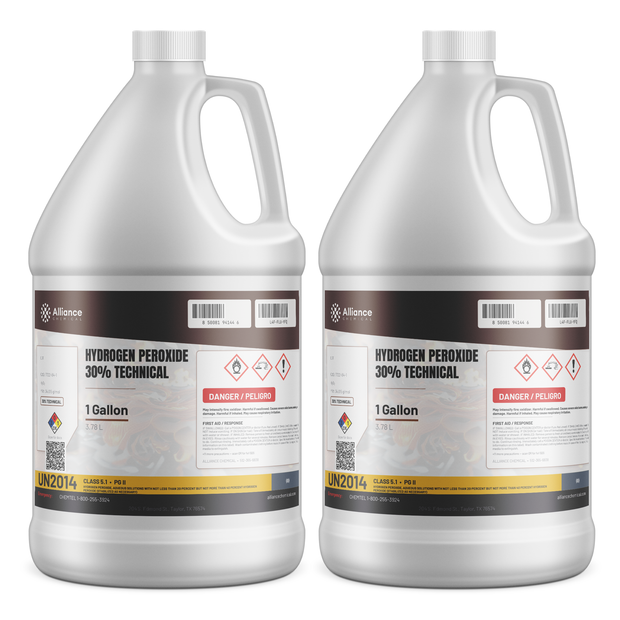 Hydrogen Peroxide 30% Technical Grade in two 1-gallon plastic jugs for pulp and textile bleaching, Alliance Chemical