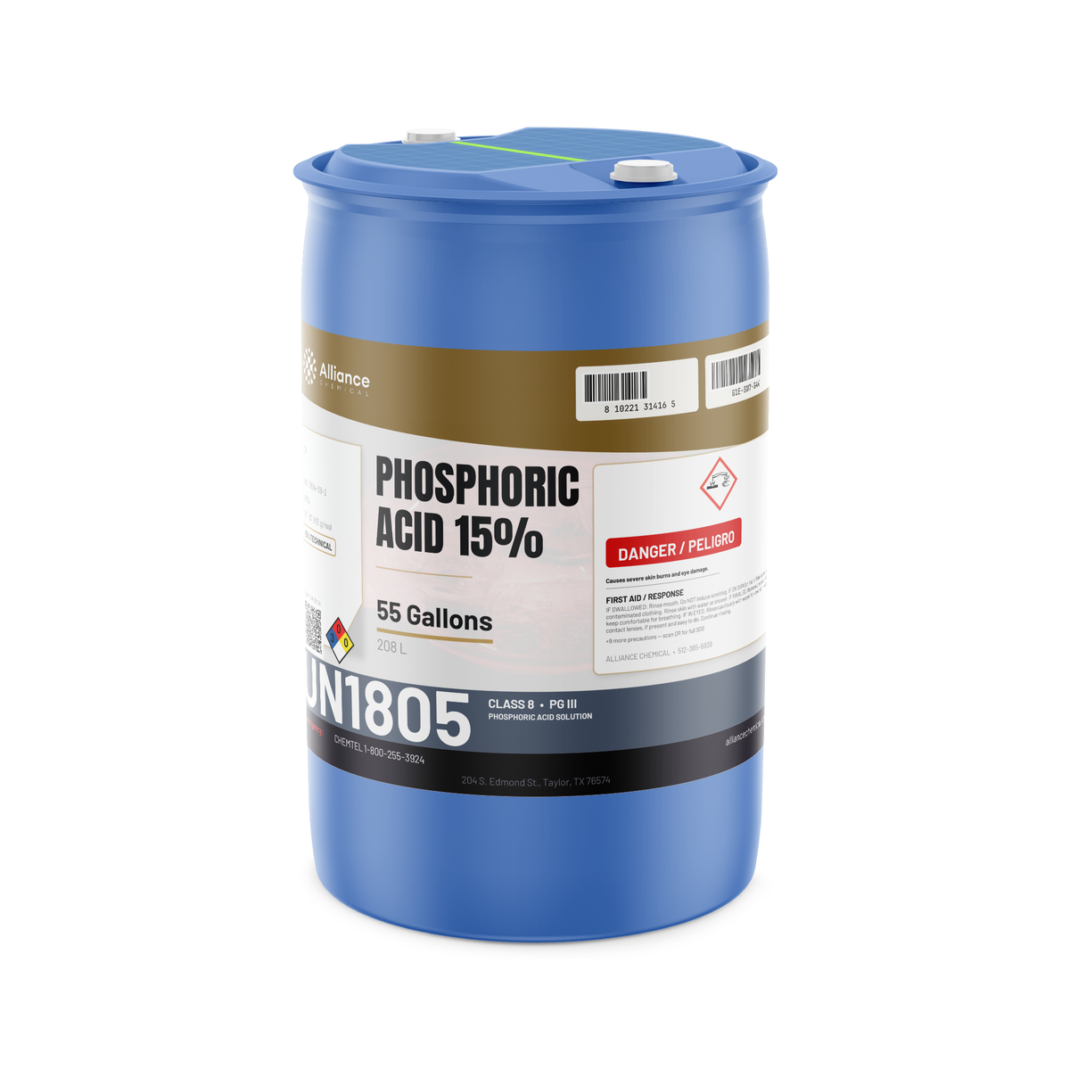 Phosphoric Acid 15% Technical Grade in a 55-gallon blue plastic drum from Alliance Chemical
