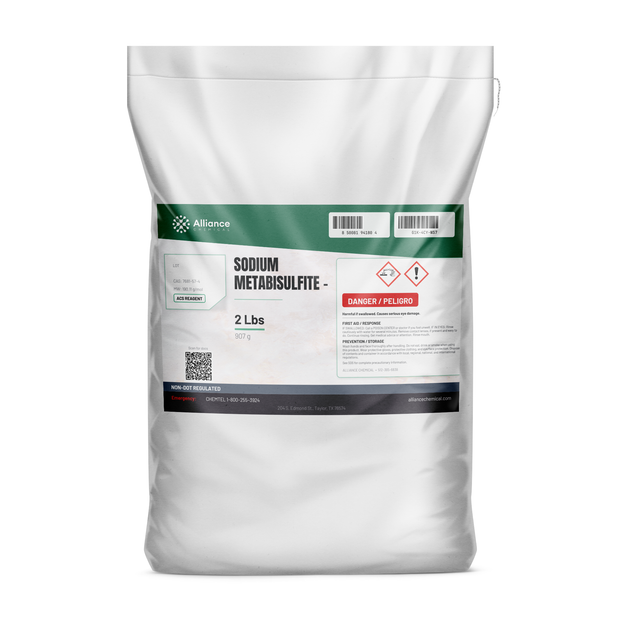 Sodium Metabisulfite ACS Reagent Grade in a 2 lb sealed plastic bag for laboratory use, Alliance Chemical