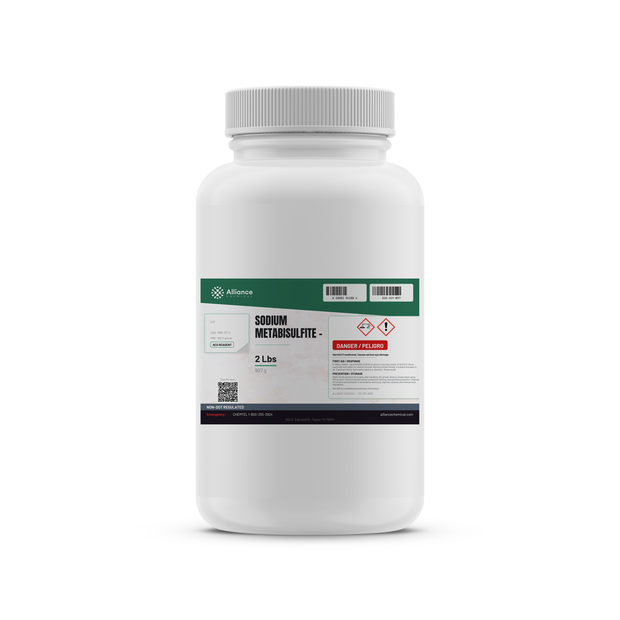 Sodium Metabisulfite ACS Reagent Grade in a 2-lb white plastic bottle from Alliance Chemical
