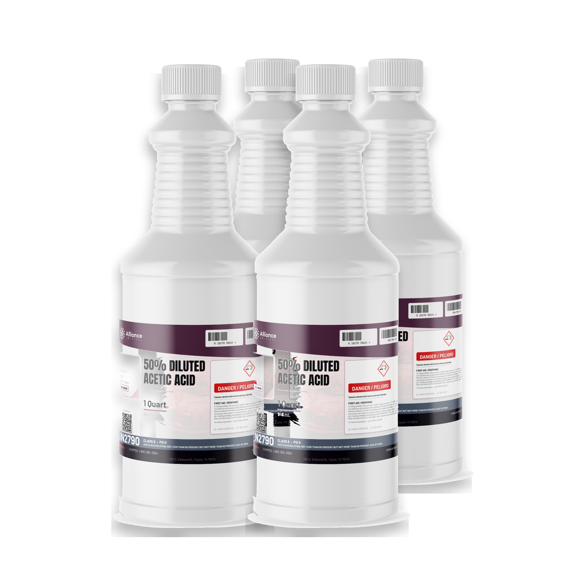 50% diluted acetic acid food grade in four 1-quart plastic bottles, Alliance Chemical