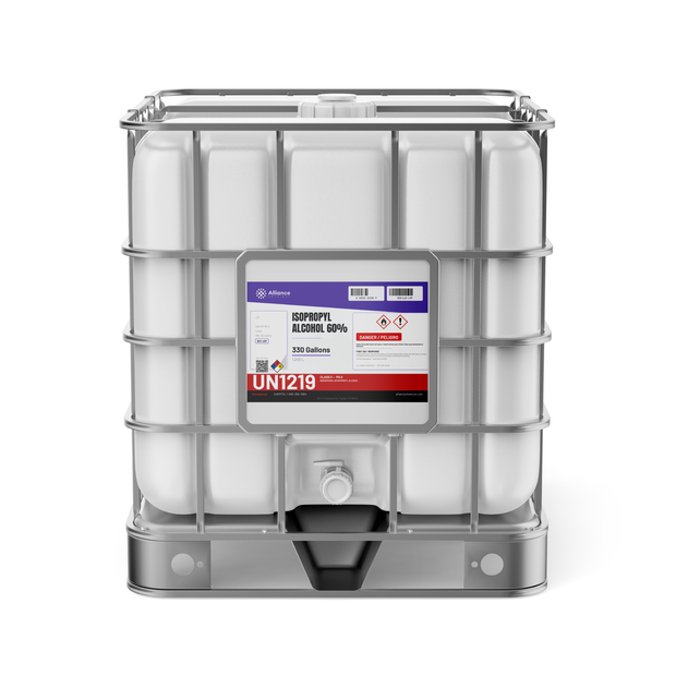Isopropyl Alcohol 60% USP Grade in a white 330-gallon IBC tote with metal cage, Alliance Chemical