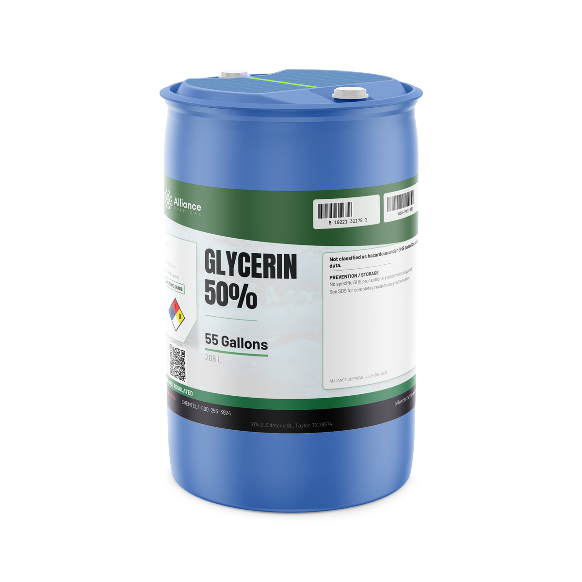 Glycerin 50% Food Grade in a blue 55-gallon polyethylene drum, Alliance Chemical