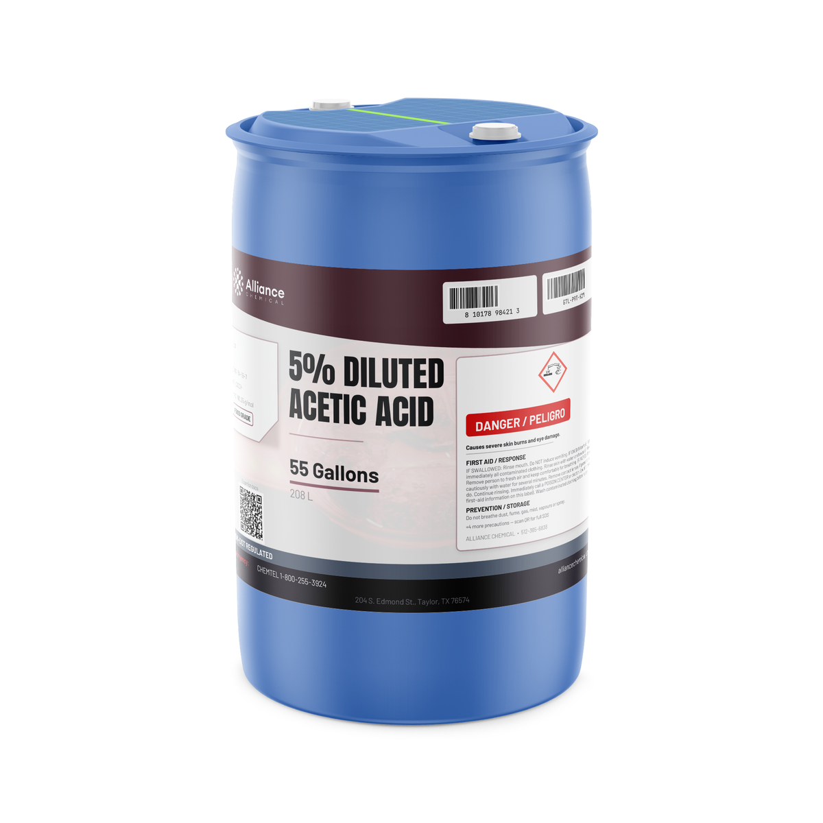 5% Diluted Acetic Acid Food Grade in a 55-gallon blue drum for food processing, Alliance Chemical