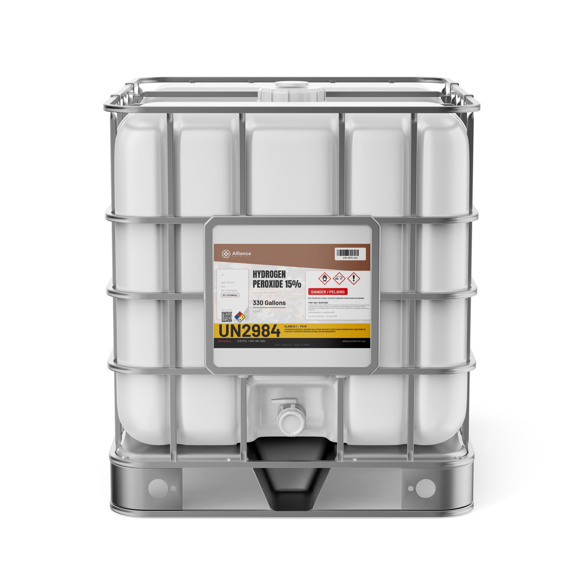 Hydrogen Peroxide 15% Technical Grade in a 330-gallon IBC tote from Alliance Chemical for textile and pulp bleaching