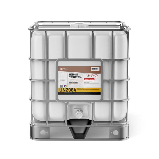 Hydrogen Peroxide 15% Technical Grade in a 330-gallon IBC tote from Alliance Chemical for textile and pulp bleaching