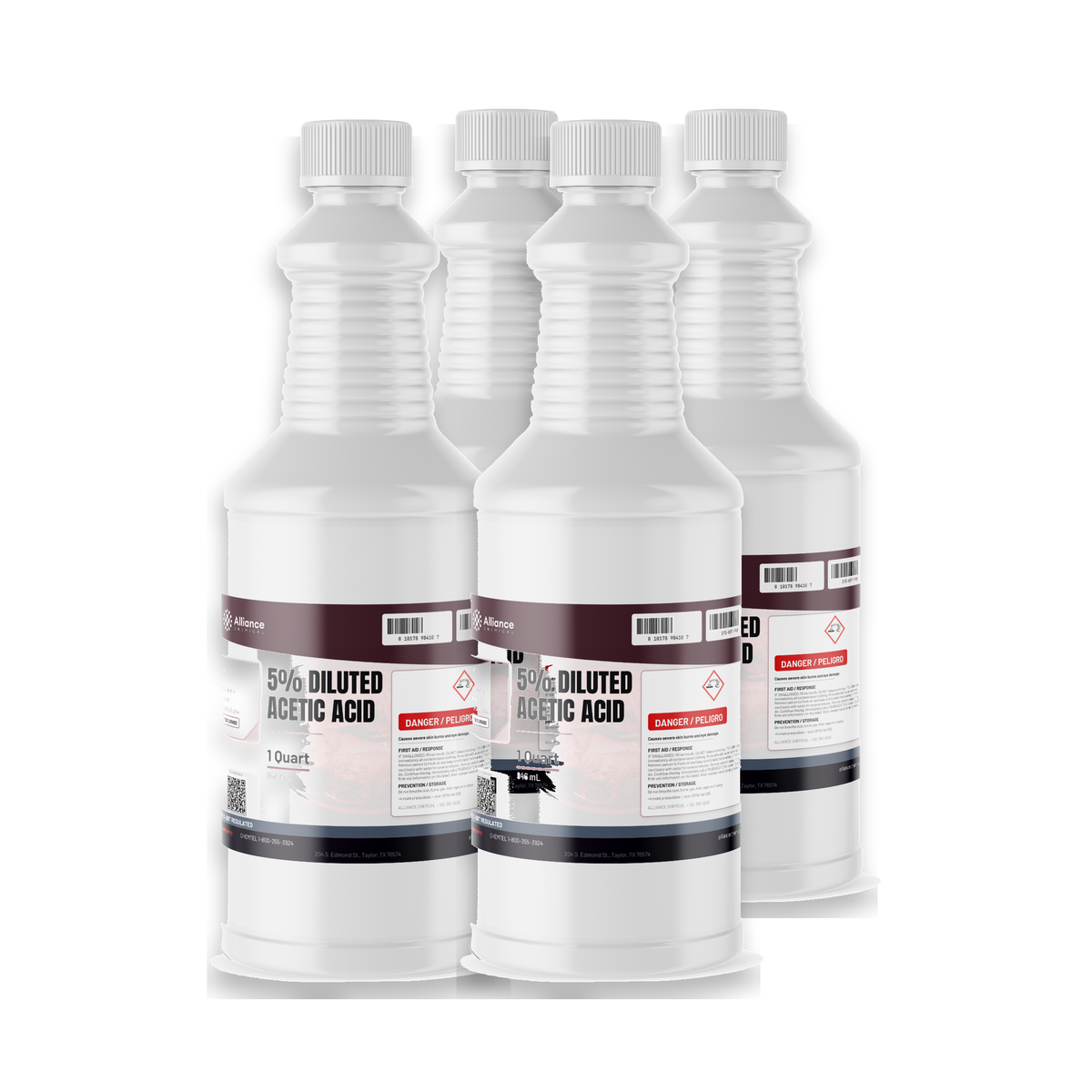 5% Diluted Acetic Acid Food Grade in four 1-quart plastic bottles, Alliance Chemical