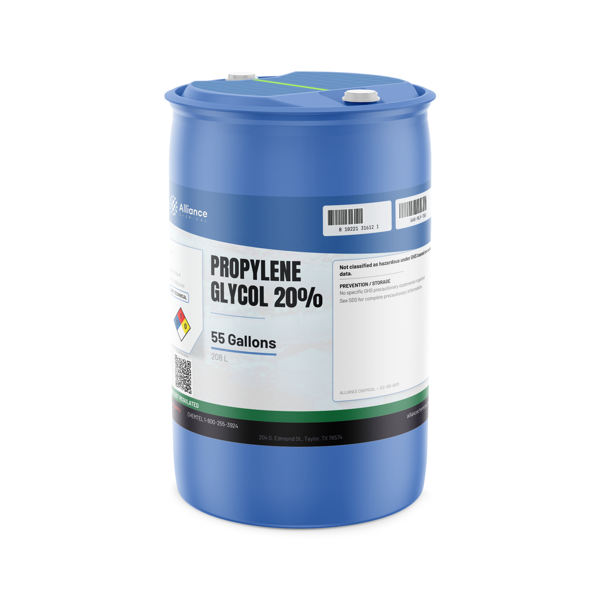 Propylene Glycol 20% Technical Grade in a blue plastic 55-gallon drum from Alliance Chemical
