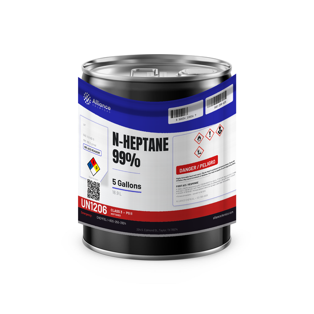 n-Heptane 99% ACS Reagent Grade in a 5-gallon metal pail for laboratory extraction, Alliance Chemical