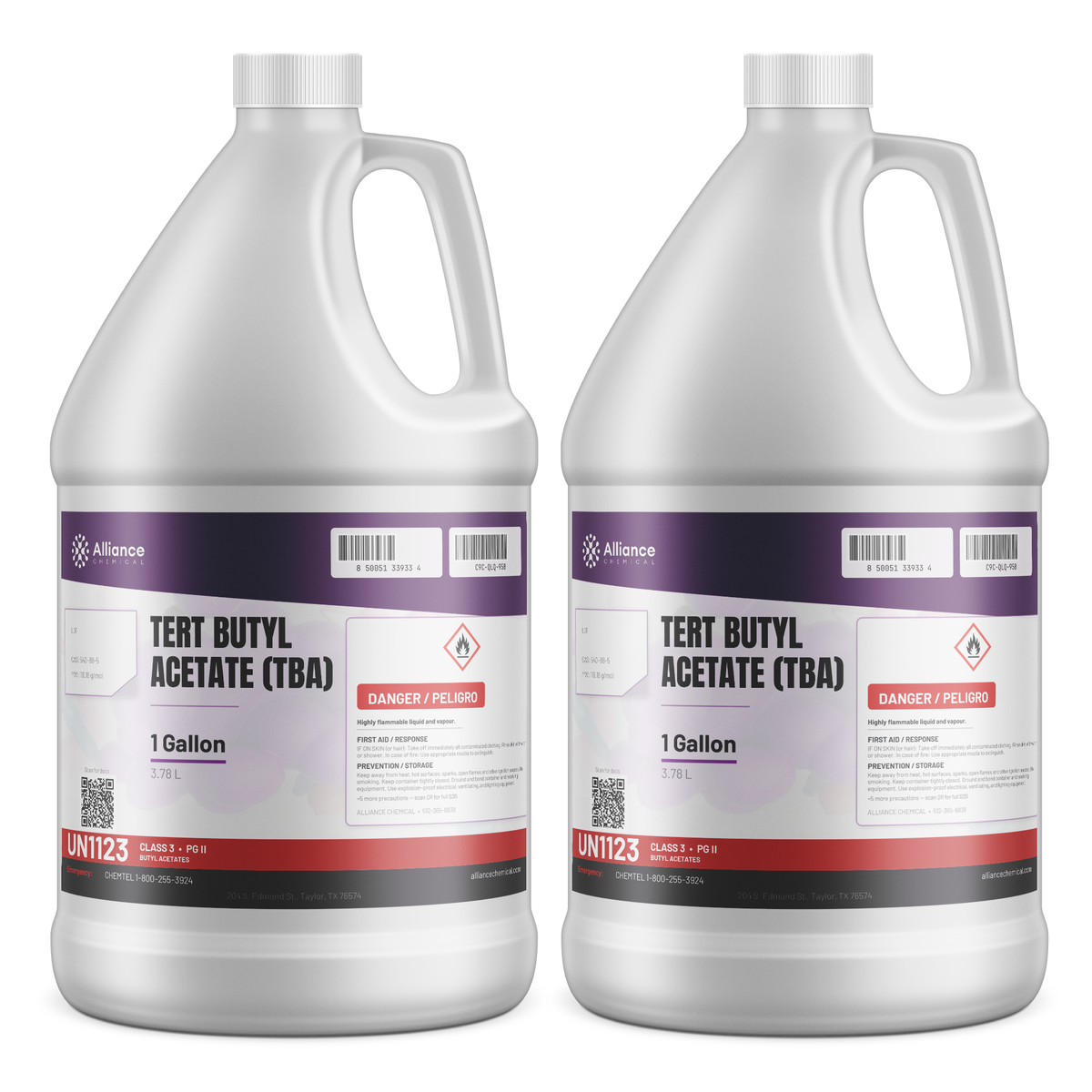 Tert Butyl Acetate Technical Grade in two 1-gallon plastic jugs, Alliance Chemical for industrial cleaning and degreasing
