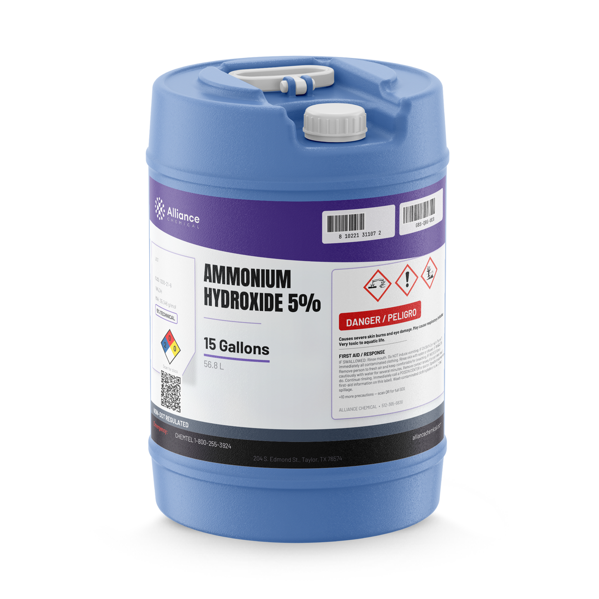 Ammonium hydroxide 5% technical grade in a blue plastic 15-gallon carboy by Alliance Chemical