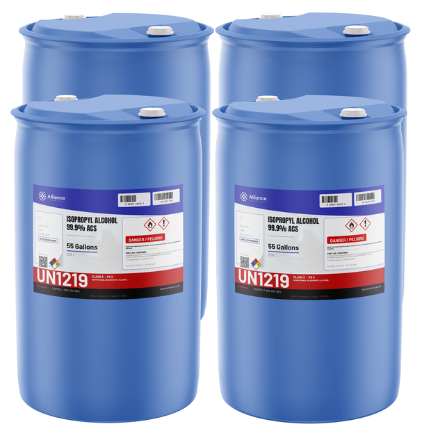 Isopropyl Alcohol 99.9% ACS Reagent Grade in four 55-gallon drums for electronics cleaning, Alliance Chemical