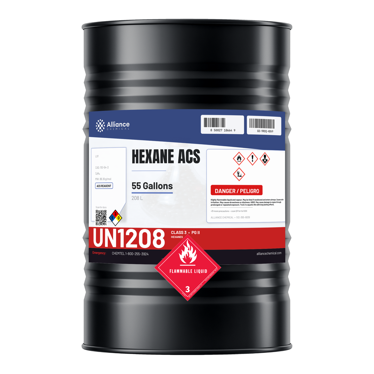 Hexane ACS Reagent Grade in a 55-gallon drum for non-polar extraction and lab analysis from Alliance Chemical