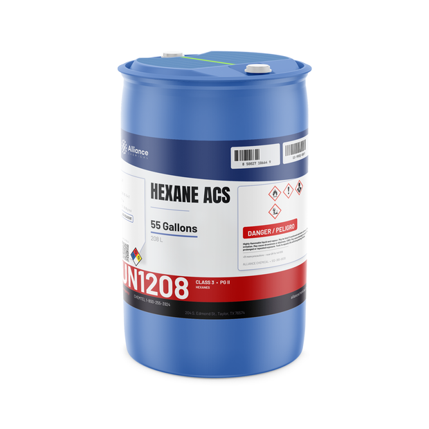 Hexane ACS Reagent Grade 55-gallon drum from Alliance Chemical for solvent extraction and laboratory chromatography