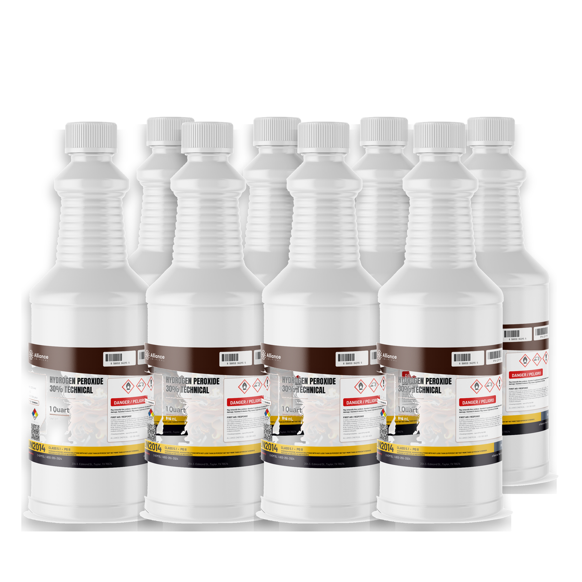Hydrogen Peroxide 30% Technical Grade eight 1-quart white plastic bottles from Alliance Chemical