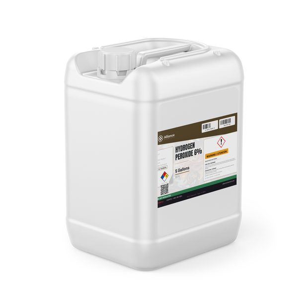Hydrogen Peroxide 6% Technical Grade in a white plastic 5-gallon jerry can from Alliance Chemical
