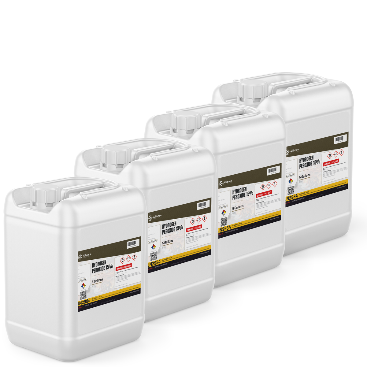 Hydrogen Peroxide 15% ACS Grade in four 5-gallon pails, Alliance Chemical for laboratory sample preparation
