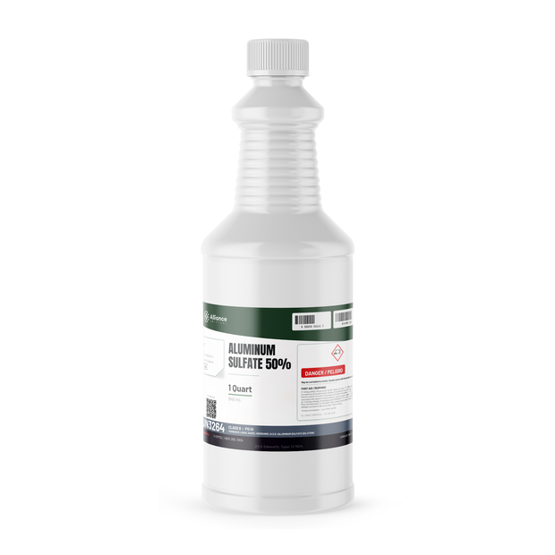 Aluminum Sulfate 50% Technical Grade in a 1-quart white plastic bottle from Alliance Chemical