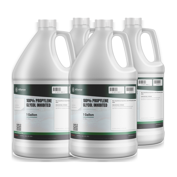 100% Inhibited Propylene Glycol in a case of four 1-gallon plastic jugs from Alliance Chemical