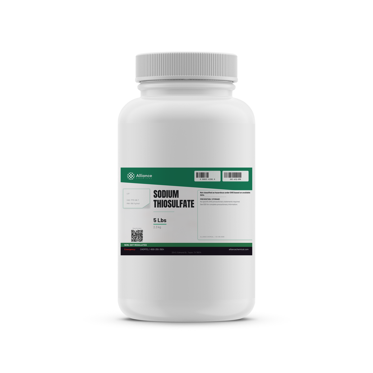 Sodium Thiosulfate Technical Grade 5-lb white plastic bottle for dechlorination from Alliance Chemical