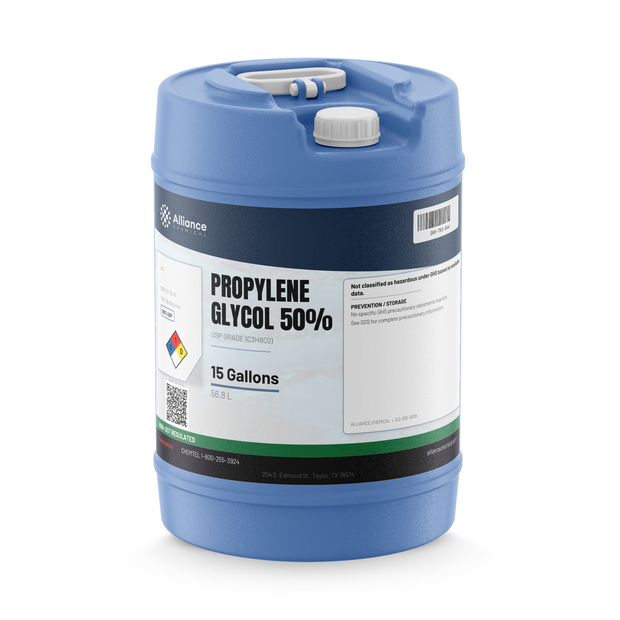 Propylene Glycol 50% USP Grade liquid in a blue 15-gallon plastic carboy, Alliance Chemical