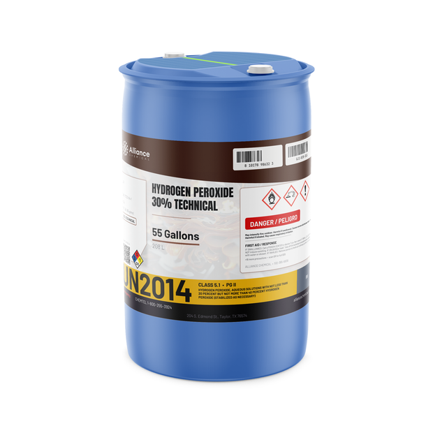Hydrogen Peroxide 30% Technical Grade in a blue closed-head 55-gallon drum, Alliance Chemical