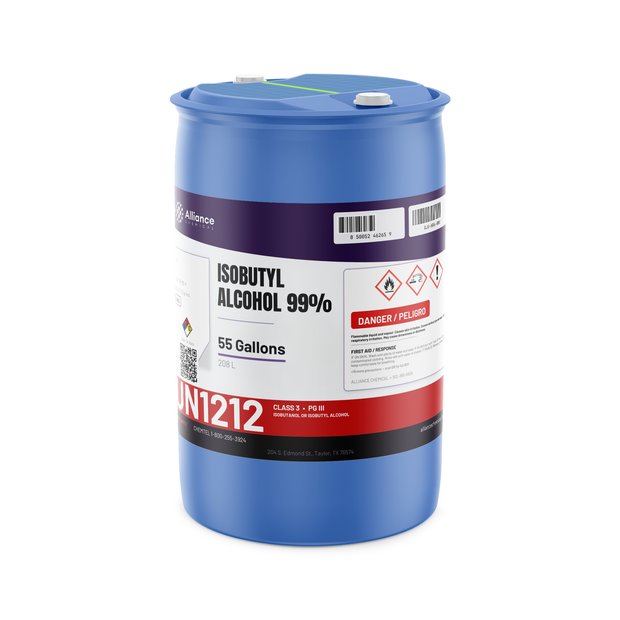 Isobutyl Alcohol 99% Technical Grade in a blue 55-gallon drum, Alliance Chemical for lacquer solvents and chemical synthesis