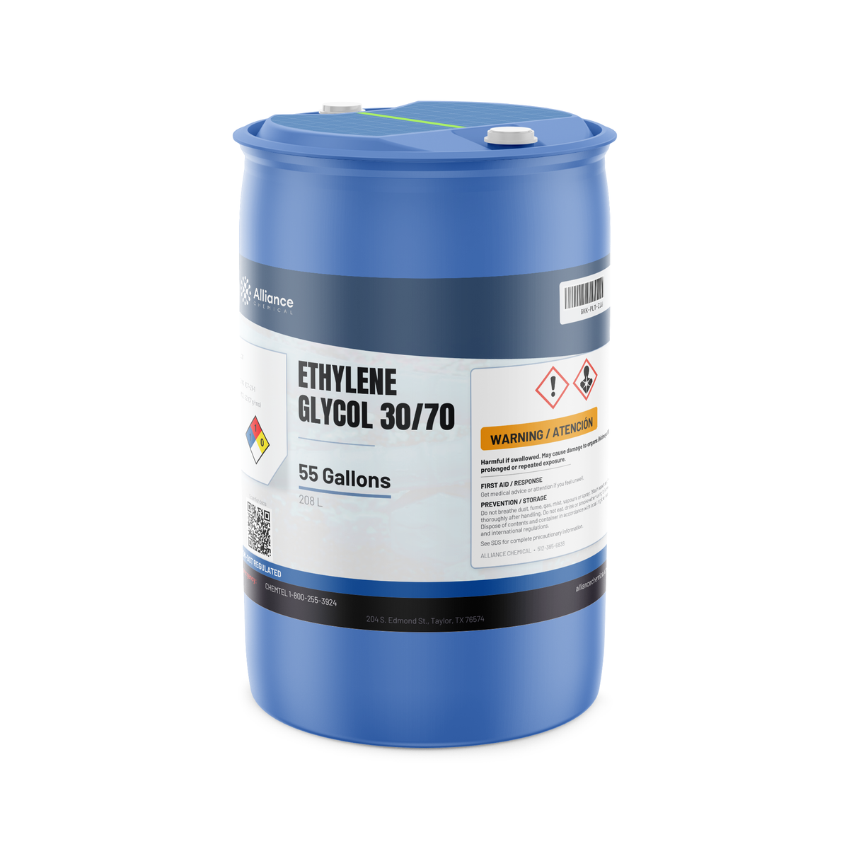 Ethylene Glycol 30/70 Technical Grade solution in a blue 55-gallon drum, Alliance Chemical