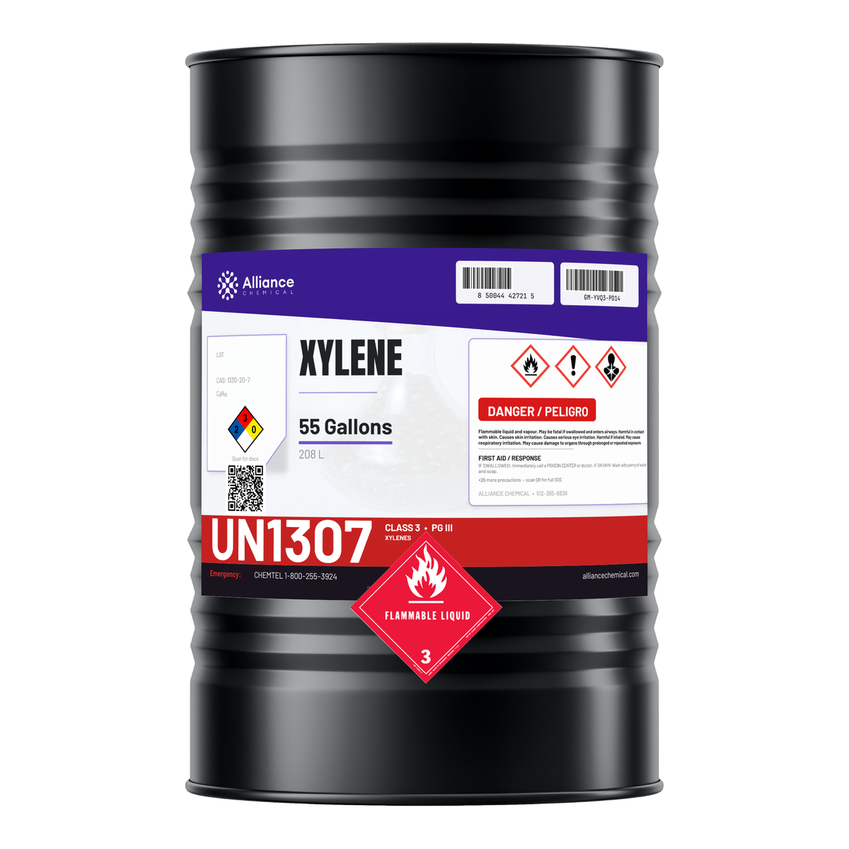 Xylene Technical Grade in a 55-gallon drum from Alliance Chemical for industrial paint thinning and degreasing