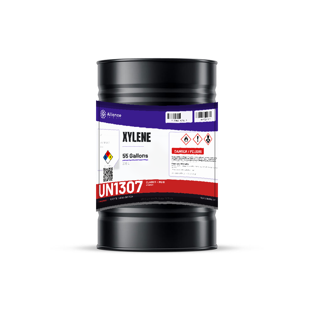 Xylene Technical Grade in a 55-gallon steel drum from Alliance Chemical for industrial coatings and grease removal