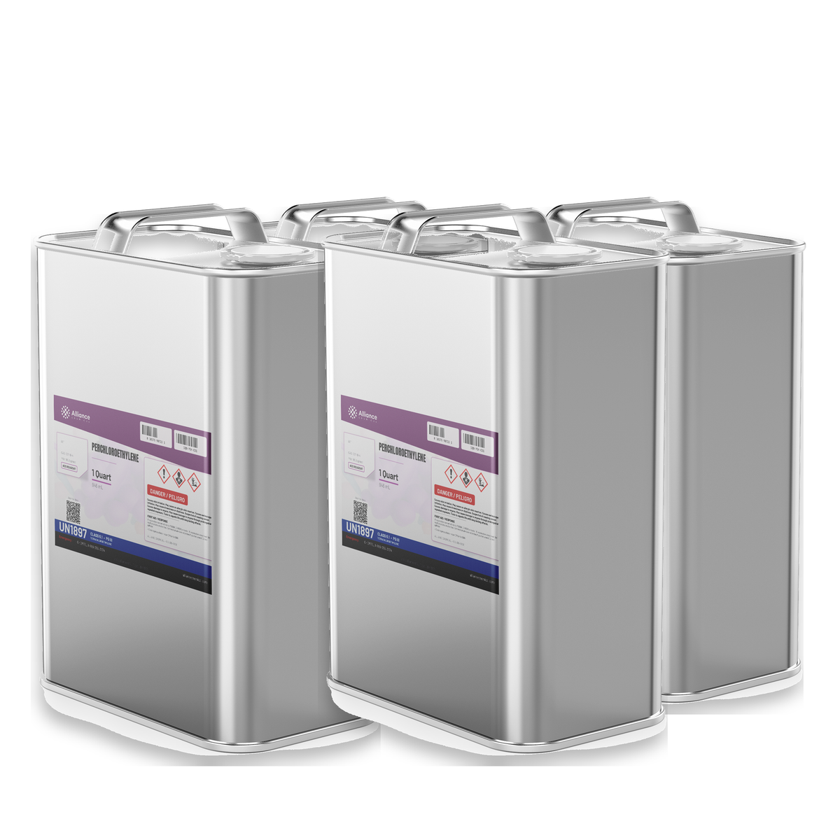 Perchloroethylene ACS grade in four 1-quart metal cans for precision vapor degreasing, Alliance Chemical