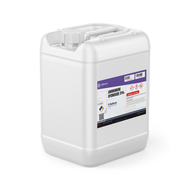 Ammonium hydroxide 5% technical grade in a 5-gallon jerry can from Alliance Chemical for industrial maintenance