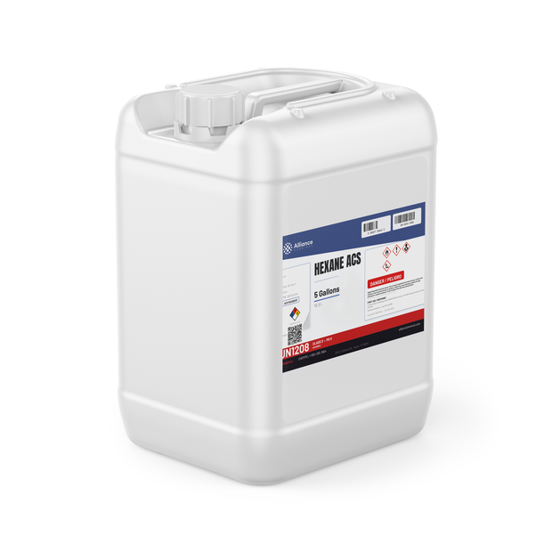 Hexane ACS Reagent Grade in a 5-gallon jerry can from Alliance Chemical for oil extraction