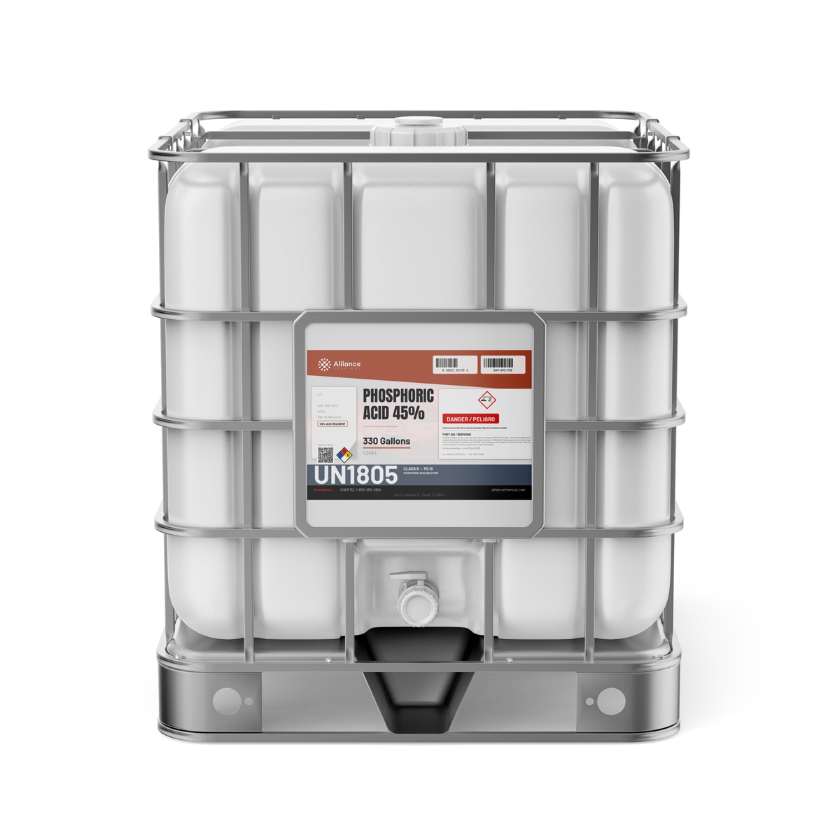 Phosphoric Acid 45% ACS Reagent Grade in a white 330-gallon IBC tote with steel cage, Alliance Chemical