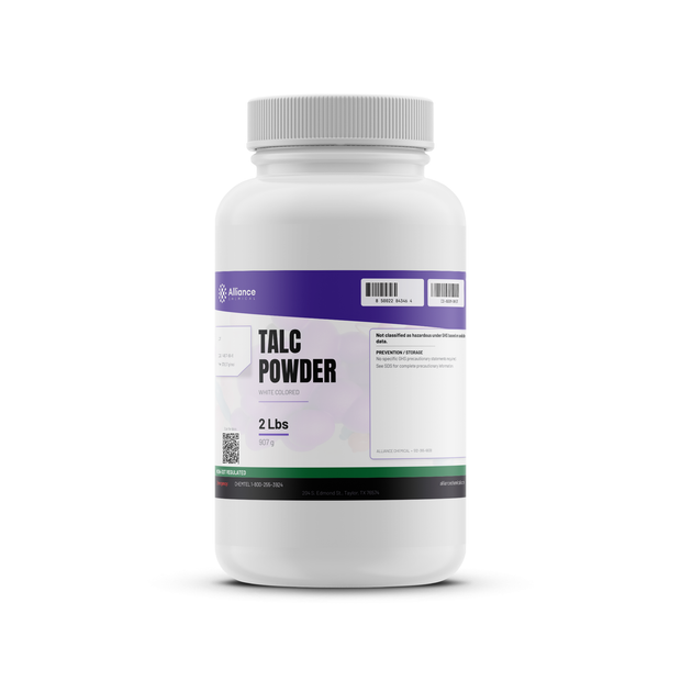 Technical grade white talc powder in a 2-lb white plastic bottle from Alliance Chemical for use as a mineral filler