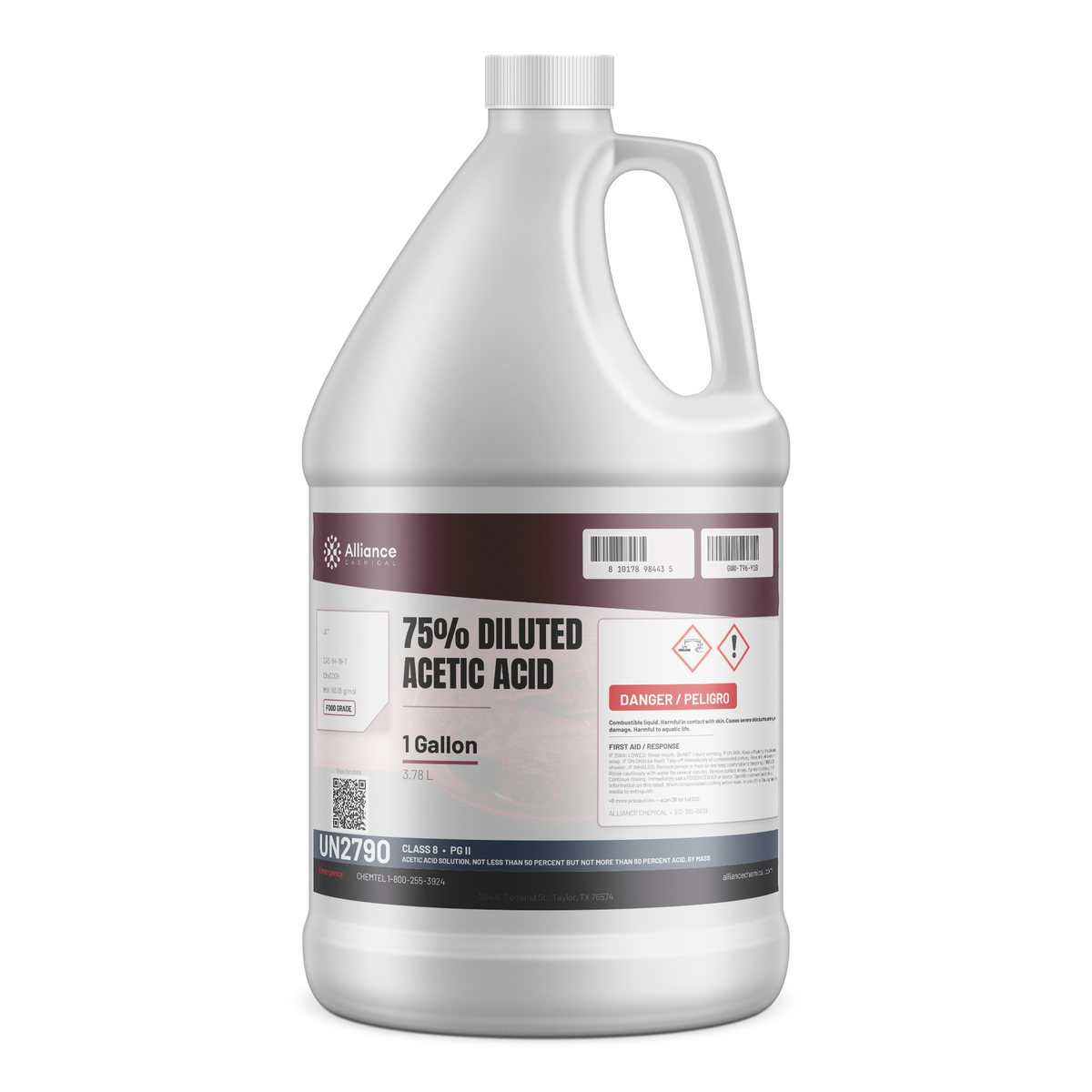 75% Diluted Acetic Acid Food Grade in a 1-gallon plastic jug by Alliance Chemical for textile processing and pH adjustment