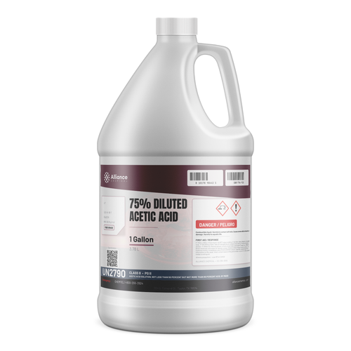 75% Diluted Acetic Acid Food Grade in a 1-gallon plastic jug by Alliance Chemical for textile processing and pH adjustment