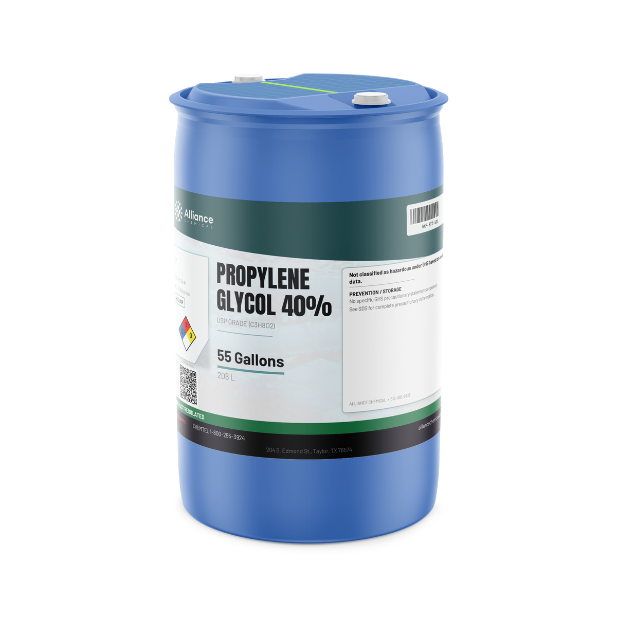 Propylene Glycol 40% USP Grade liquid in a blue plastic 55-gallon drum from Alliance Chemical