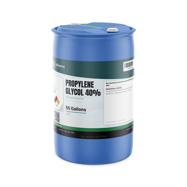 Propylene Glycol 40% USP Grade liquid in a blue plastic 55-gallon drum from Alliance Chemical