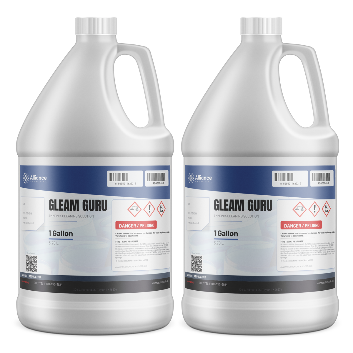 Gleam Guru ammonium hydroxide 10% cleaning solution in two 1-gallon plastic jugs, Alliance Chemical