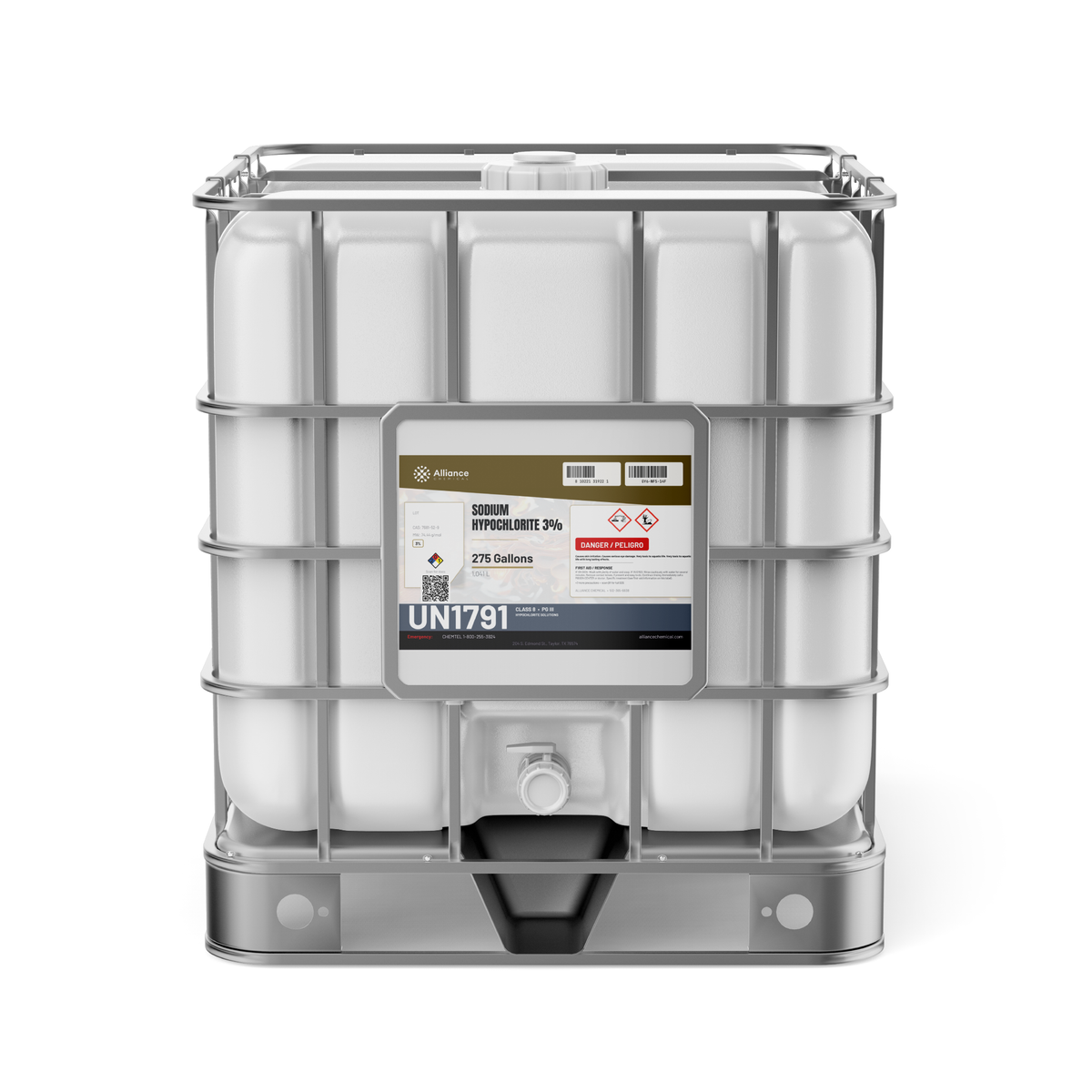 Sodium Hypochlorite 3% Technical Grade in a 275-gallon IBC tote, Alliance Chemical