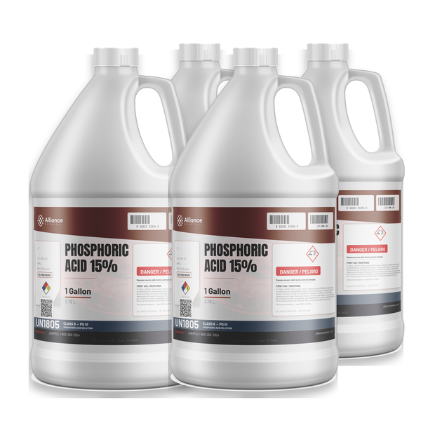 Phosphoric Acid 15% Food Grade in a 4-gallon case of four 1-gallon plastic jugs Alliance Chemical