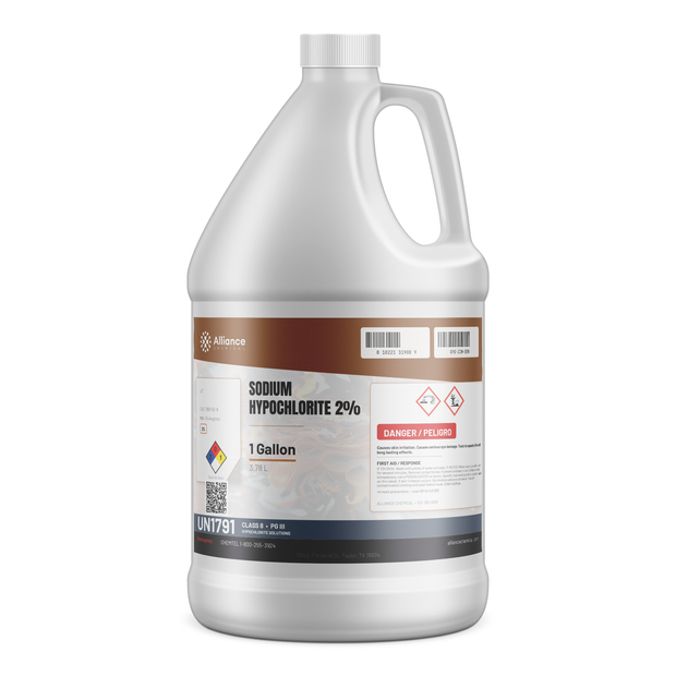 Sodium Hypochlorite 2% Technical Grade in a 1-gallon plastic jug, Alliance Chemical